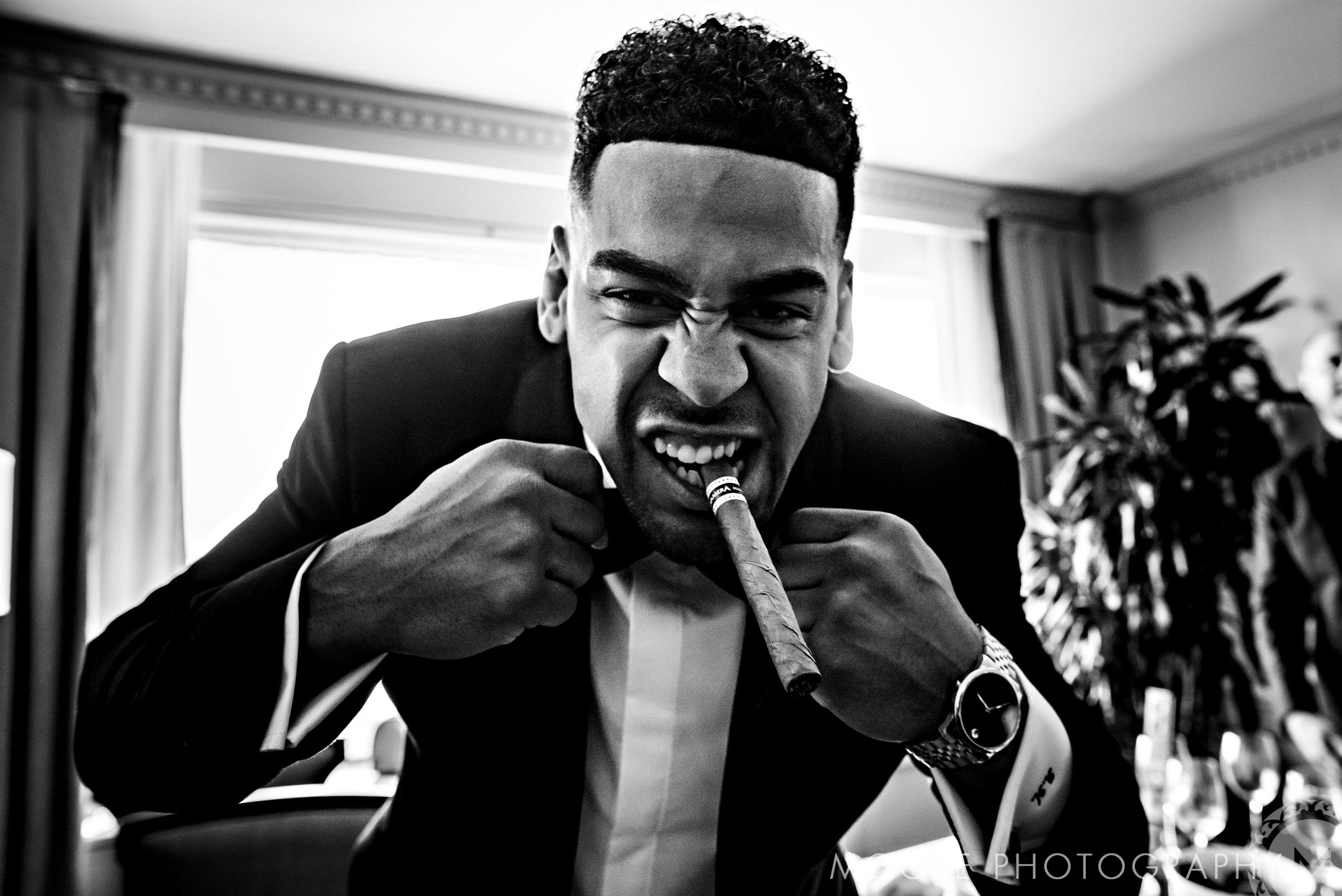 Andrew Harris in a suit bites a cigar playfully, with a plant in the background.