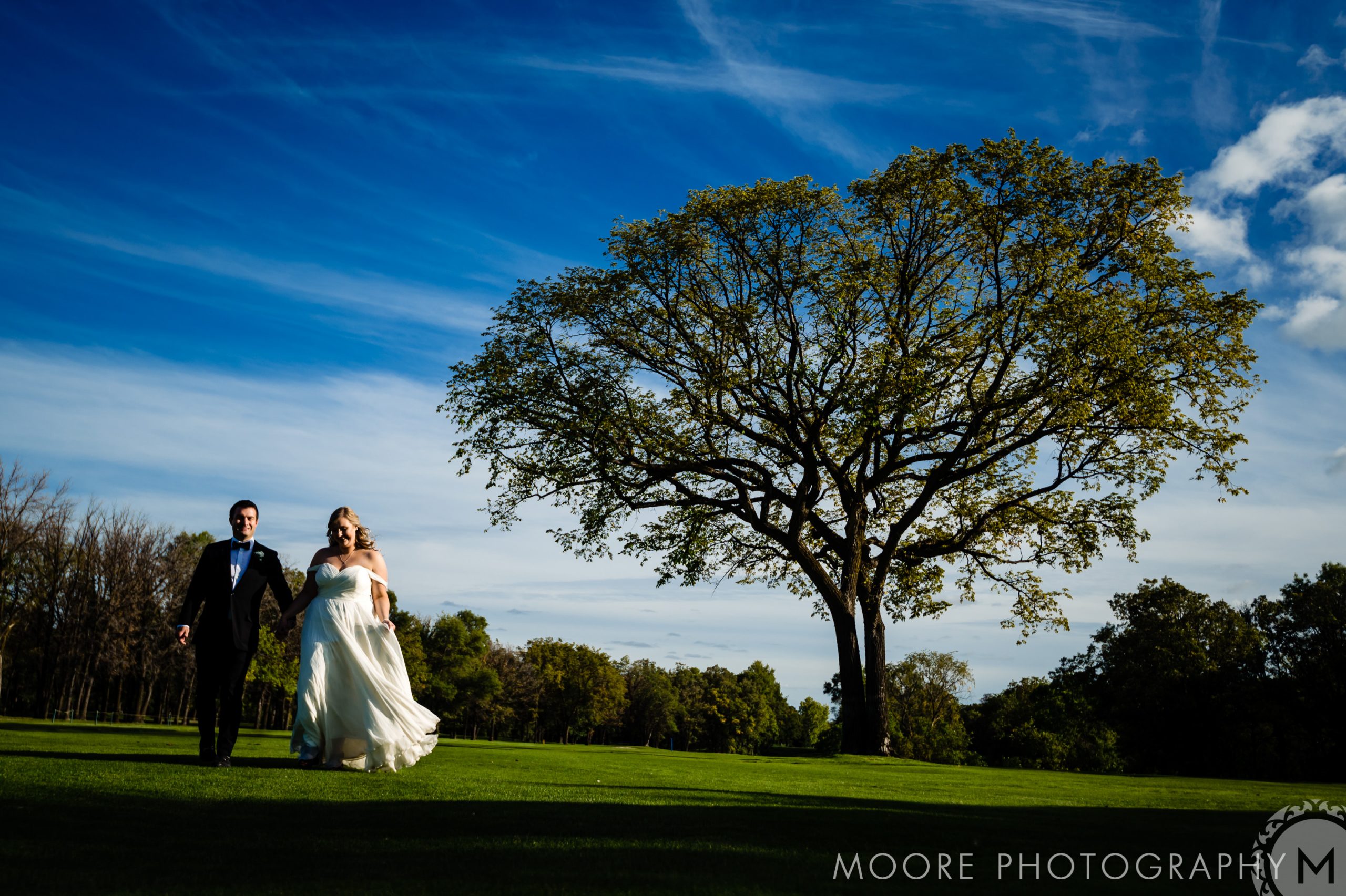 Bride and groom stroll on grass under a large tree, blue sky; perfect for Winnipeg wedding venues.