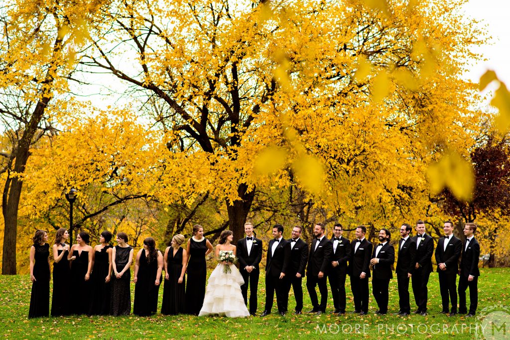 A bride and groom with their large wedding party in front of a huge tree during fall in Winnipeg Manitoba