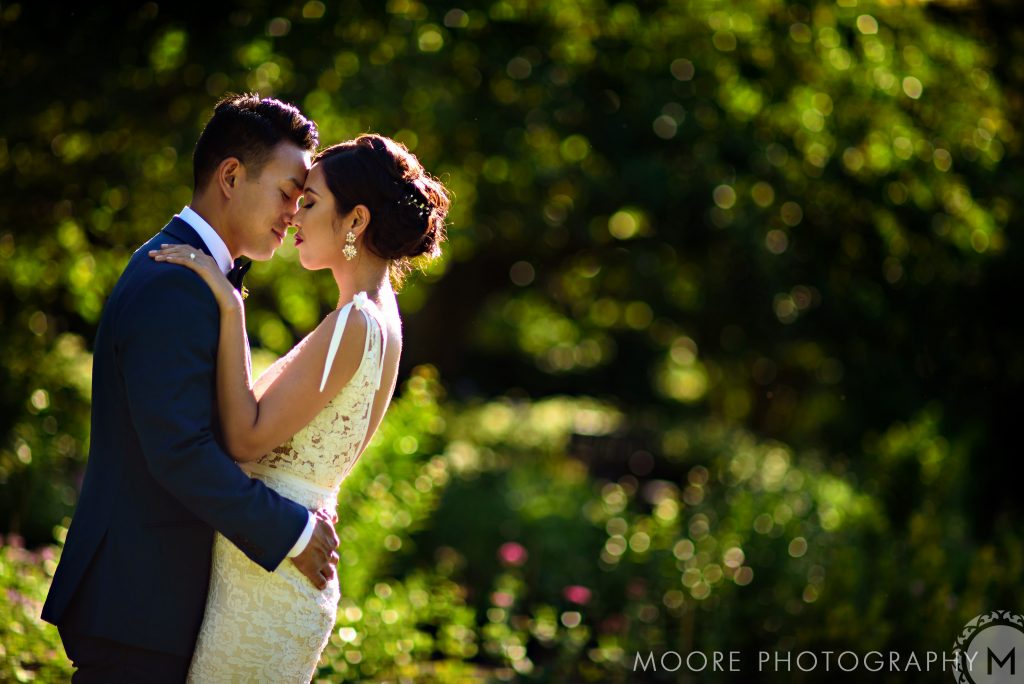 A photo of a bride and groom, embracing and being romantic with trees in the background at Assiniboine Park in Winnipeg