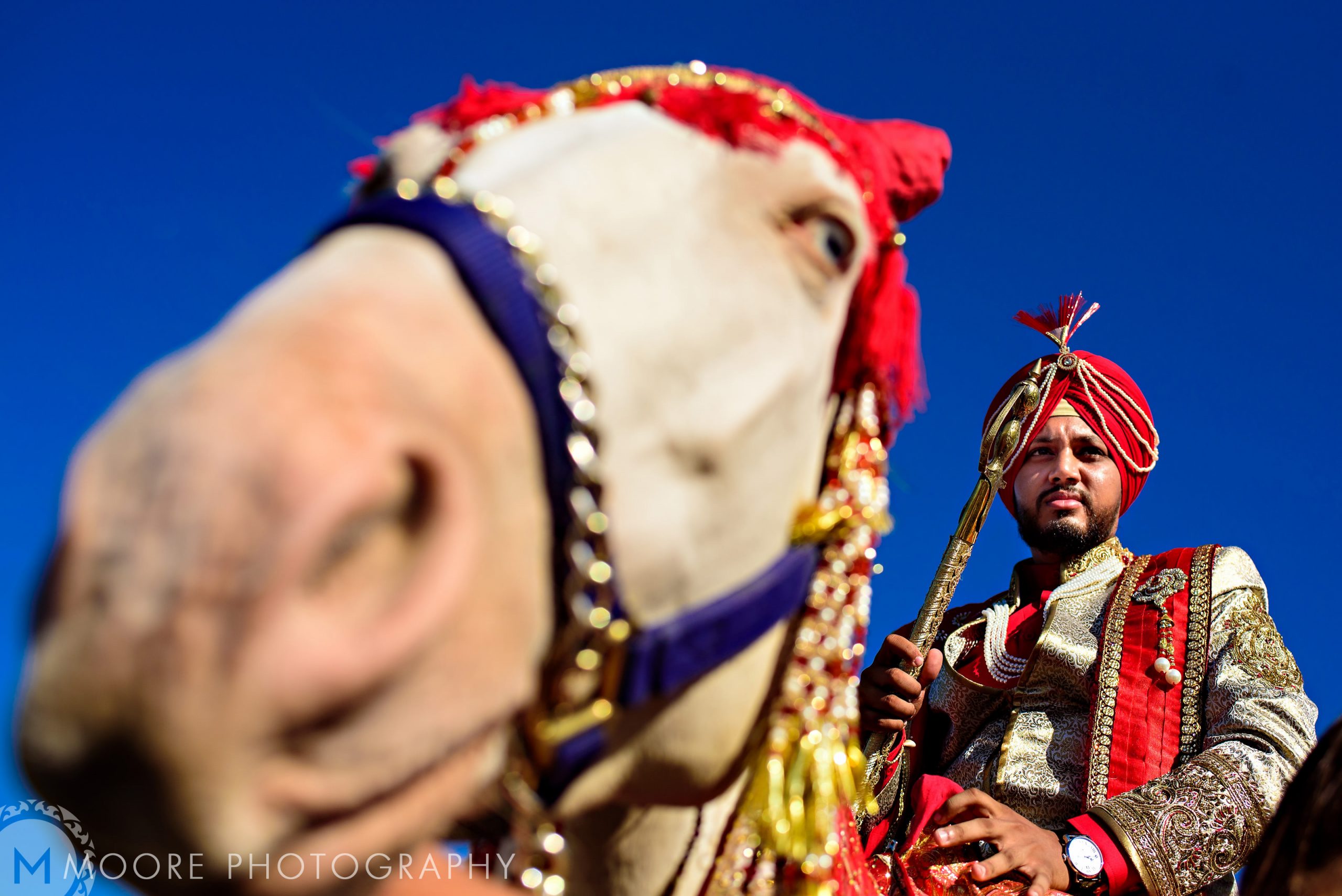 Groom in ornate attire with decorated white horse under vibrant Indian wedding sky.
