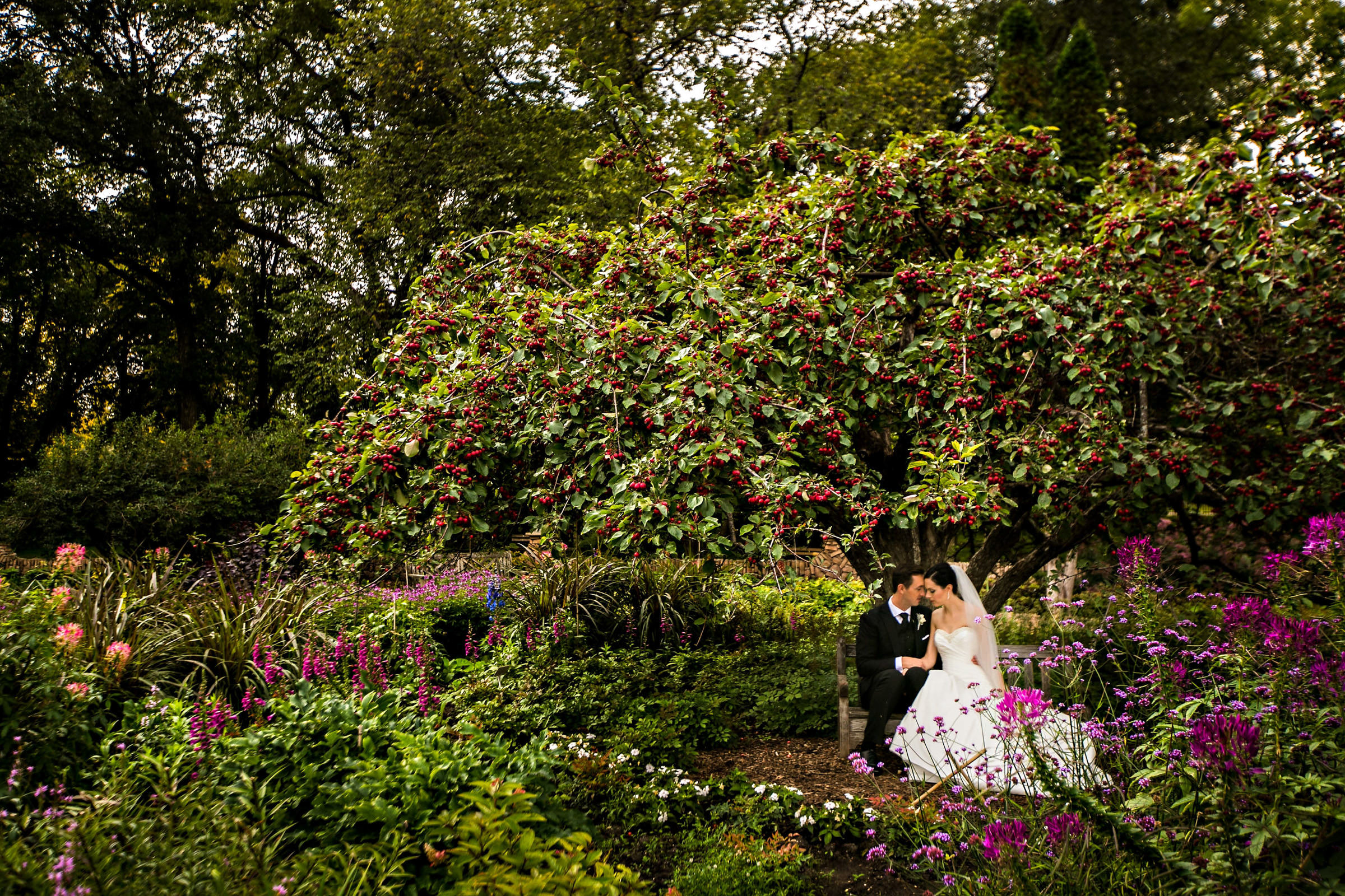 A bride and groom sitting on a bench under a beautiful spring floral tree, surrounded by fresh floral in Assiniboine park in the English garden
