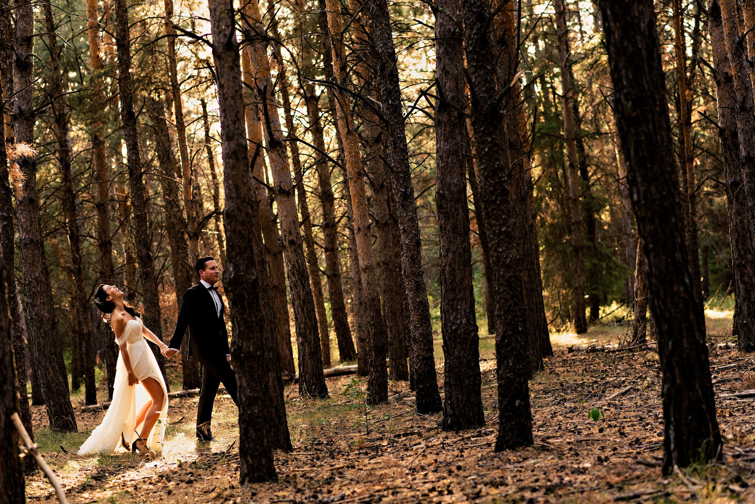 A bride and groom and laughing through a forest in birds, Hill Park, Manitoba