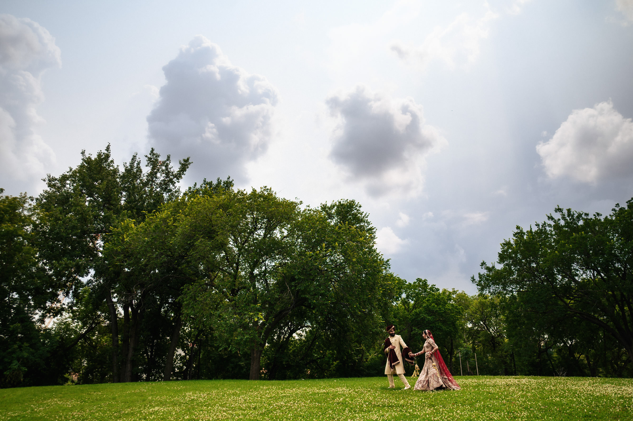 A couple dressed in traditional attire walks hand in hand across a lush green field under a partly cloudy sky. Tall trees stand in the background, and sunlight filters through the clouds, casting a serene glow over the scene.