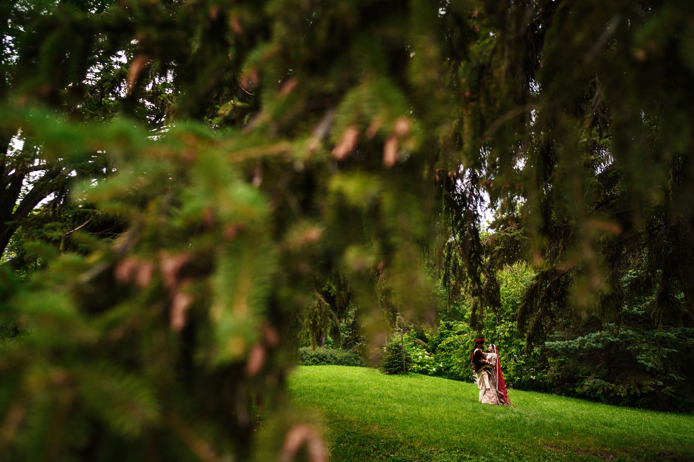 A couple dressed in formal attire stands intimately in the middle of a lush green garden. They are framed through the branches of a large tree, which creates a natural and serene foreground. The intimate moment is set amidst a background of dense, green foliage.
