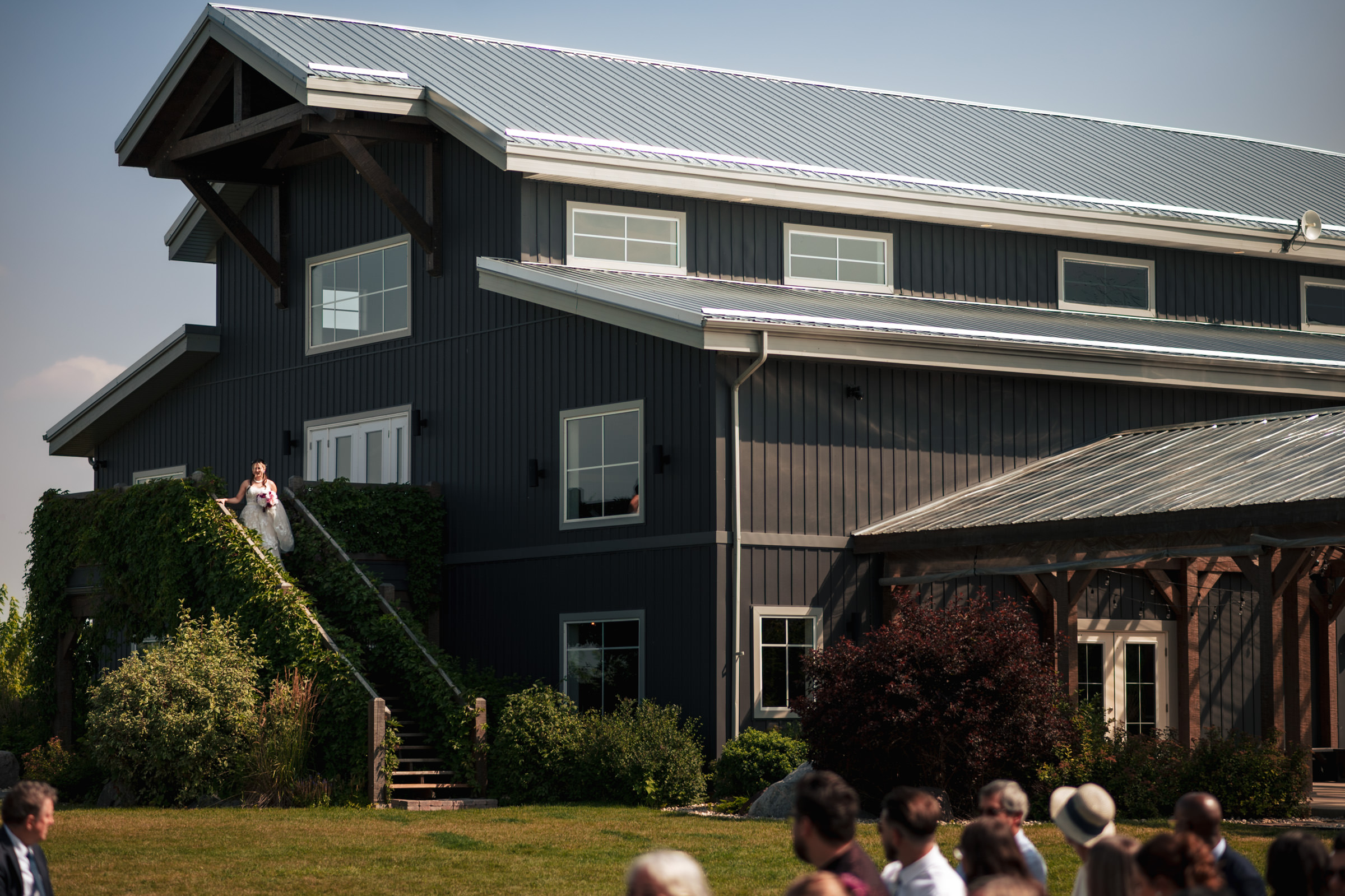 A bride descends barn stairs at a beautiful Winnipeg wedding venue with guests on the lawn.