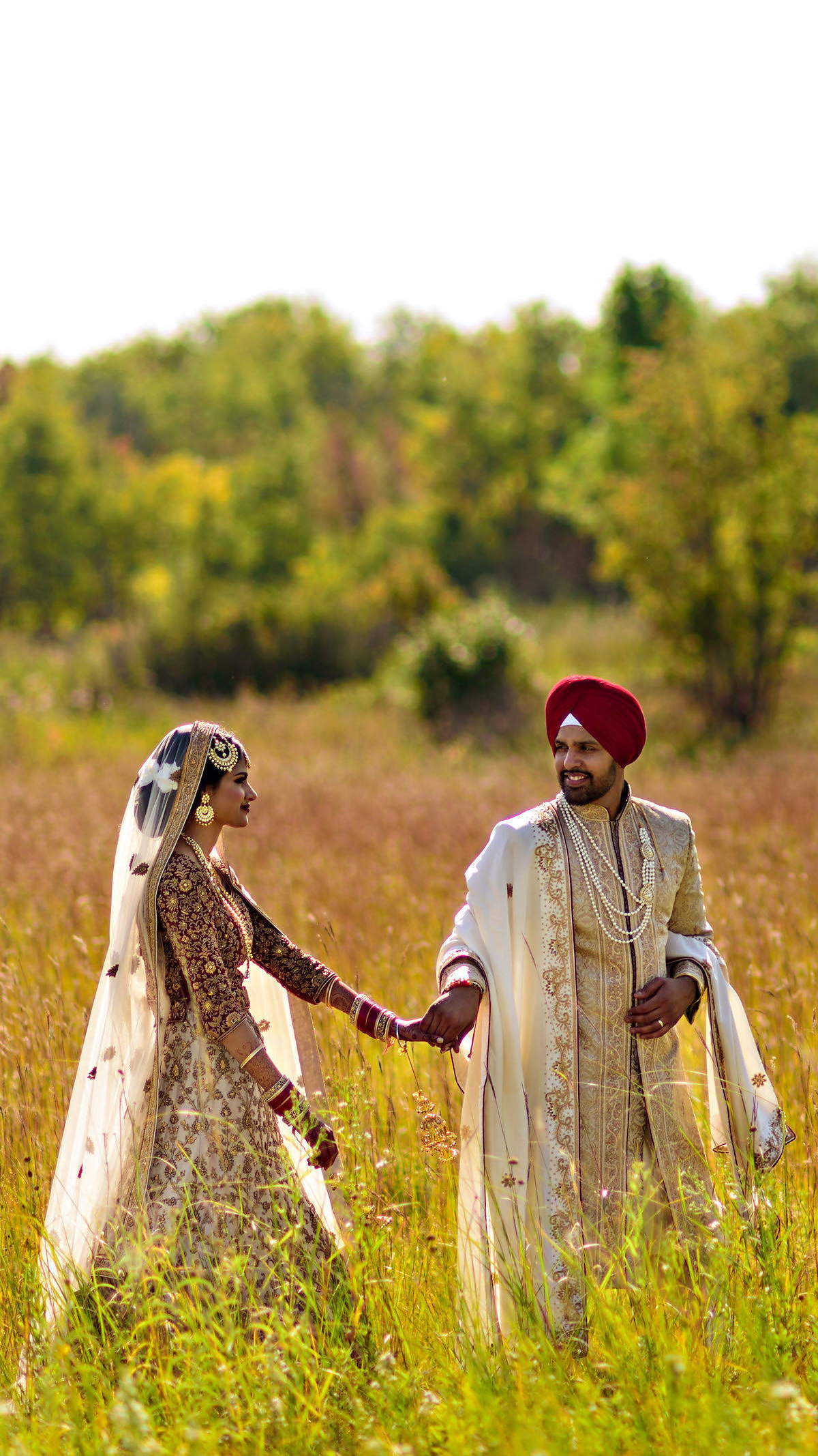 A couple in traditional Indian wedding attire strolls hand in hand through a sunny field. Captured by a Winnipeg wedding photographer, the bride dazzles in a gold and red lehenga with a veil, while the groom wears a cream sherwani and red turban, surrounded by trees and lush grass.