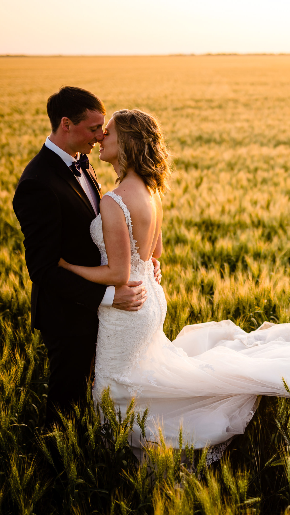 A bride in a lace gown and a groom in a black suit share a tender moment in a sunlit field of tall grass. Captured by their Winnipeg wedding photographer, the golden light of sunset adds a warm glow to the romantic atmosphere as they lean in close to touch noses and foreheads.