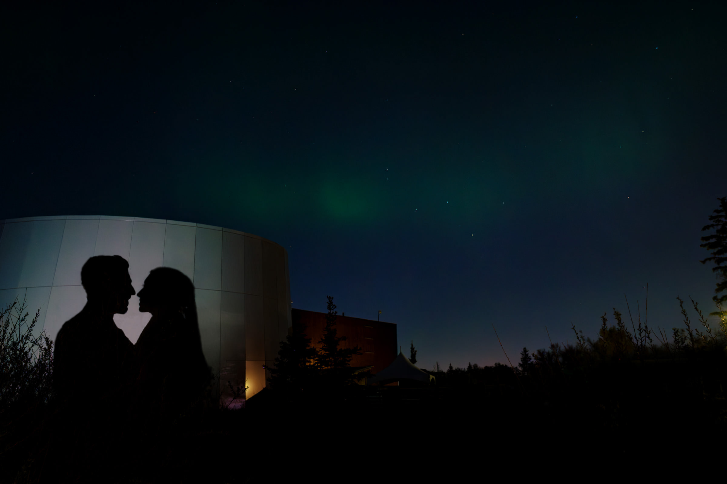 Silhouette of a couple facing each other under a dark, starry sky with faint northern lights. A large, round building and trees are in the background, subtly illuminated by faint lights—truly one of their favourite wedding photos capturing the magic of their special night.