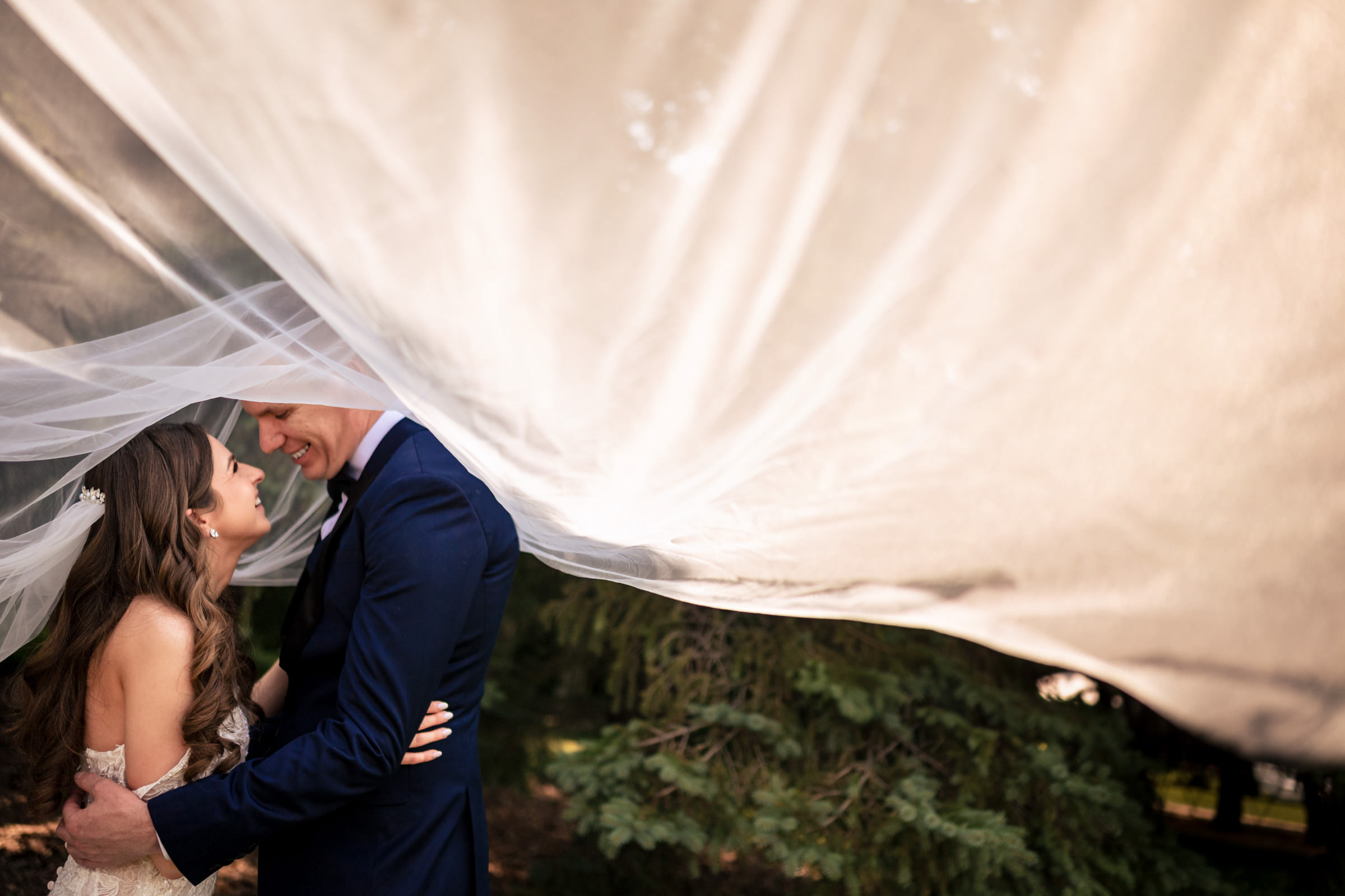 A bride and groom embrace under a flowing veil outdoors, captured in one of their favourite wedding photos. The bride is wearing a white dress, and the groom is in a dark suit. They smile at each other, surrounded by greenery, with soft light creating a romantic atmosphere.