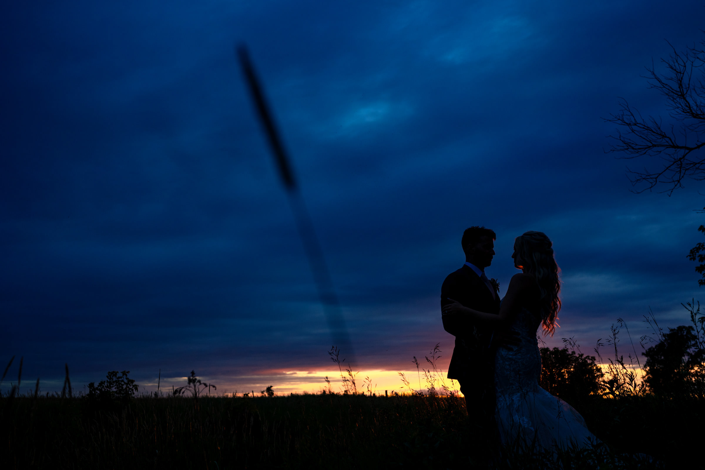 A couple stands silhouetted against a dramatic, cloudy sunset sky, reminiscent of favourite wedding photos. Facing each other, the glow of the setting sun creates a warm horizon, while tall grass and a bare tree in the foreground enhance the serene landscape.