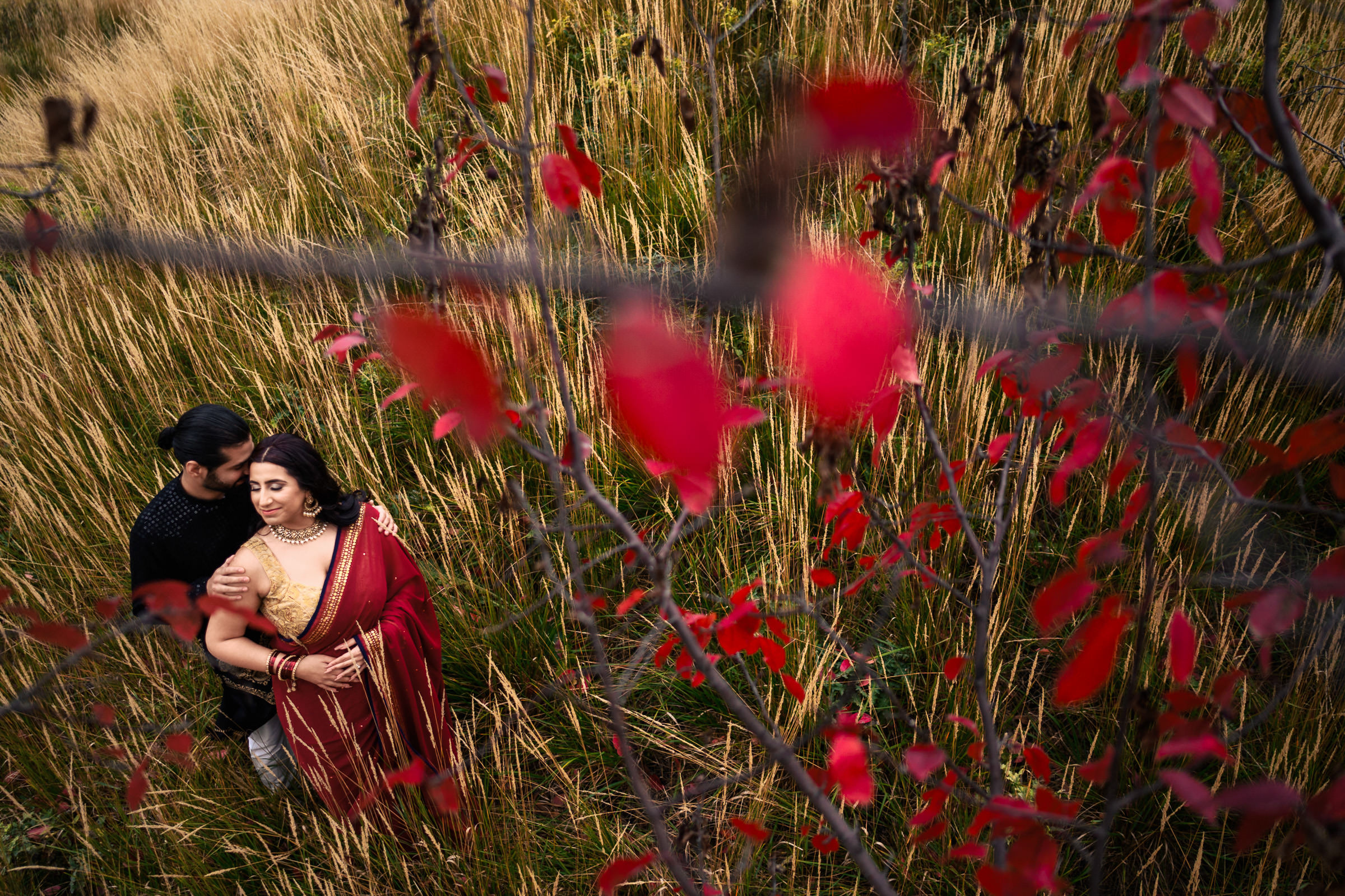 A couple embraces in a field of tall grass and branches with red leaves, capturing one of their favourite wedding photos. The woman wears a red sari, the man a dark outfit, creating an intimate, romantic atmosphere.