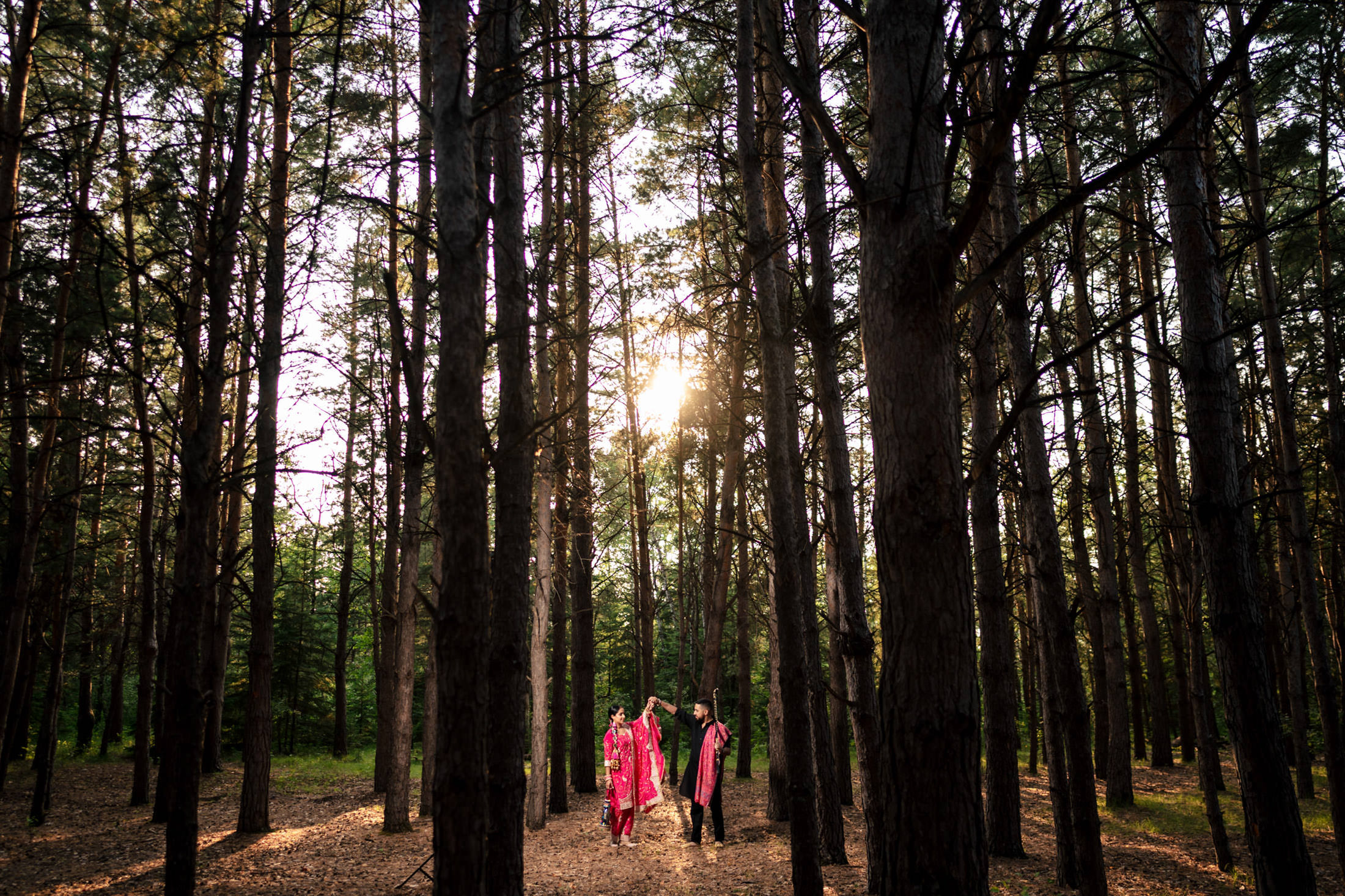 Three people in colorful attire walk through a sunlit forest with tall trees.