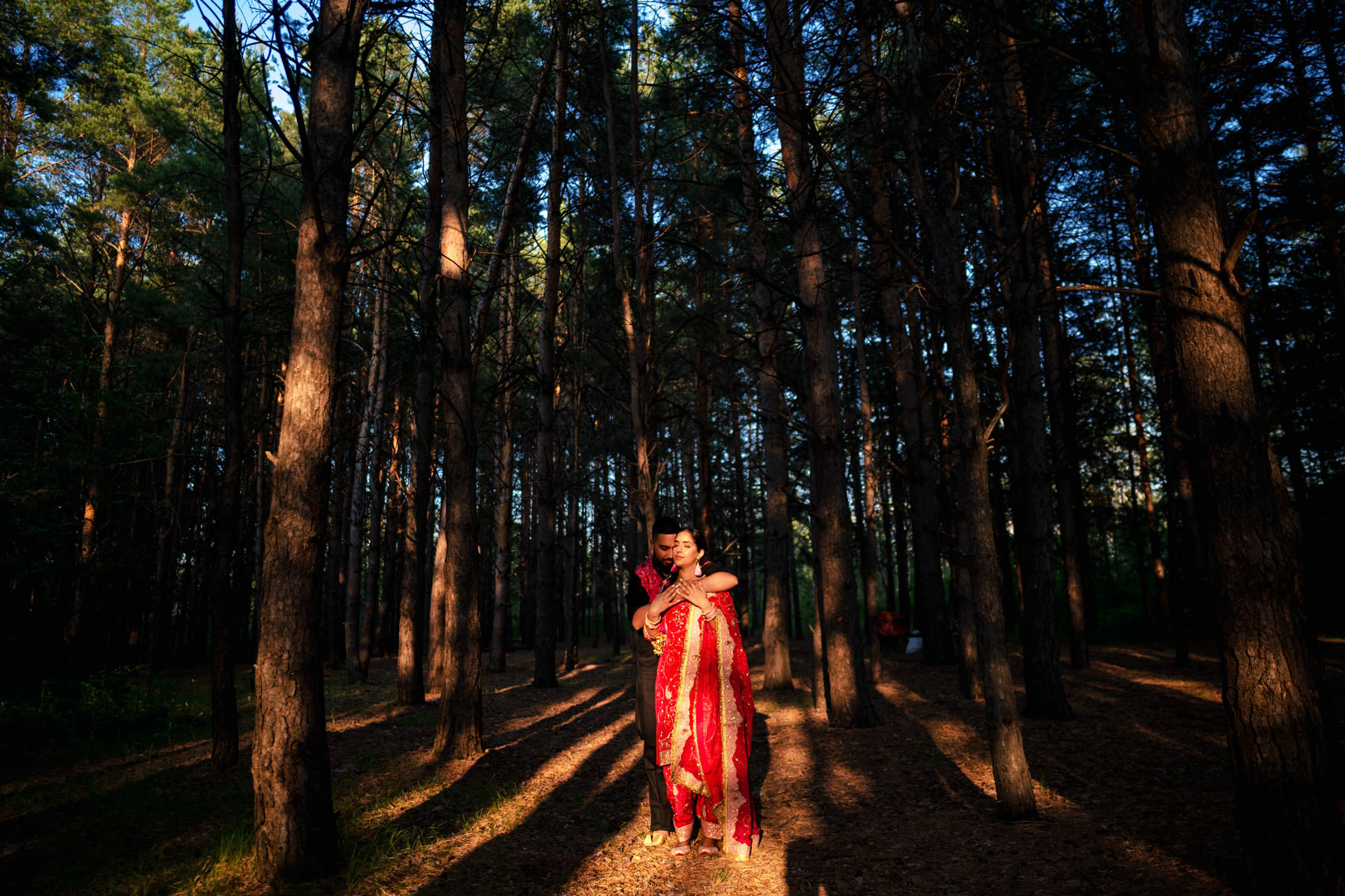 Enchanted Forest Engagement. A Couple in traditional attire embracing in a sunlit forest with tall trees.