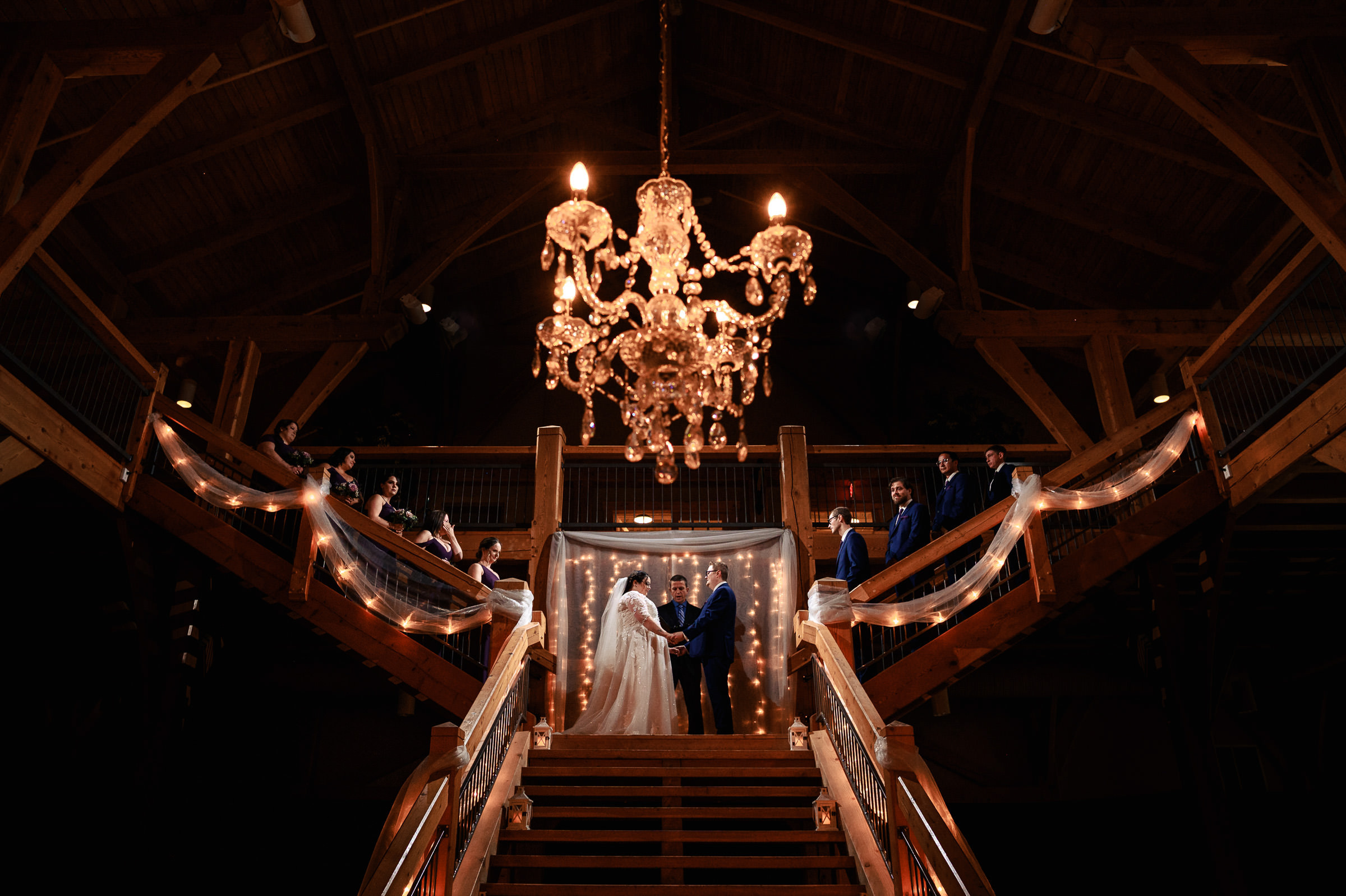Bride and groom on grand staircase, wedding party on either side, chandelier overhead.