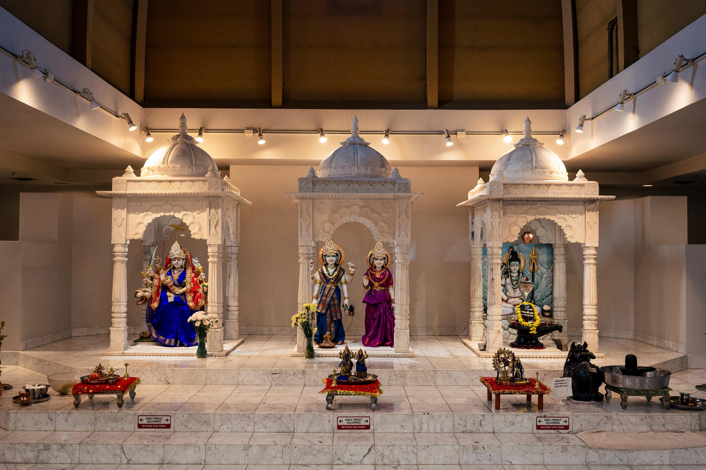 Three ornate Hindu deity statues in a temple enhance the elegance of a Winnipeg wedding.