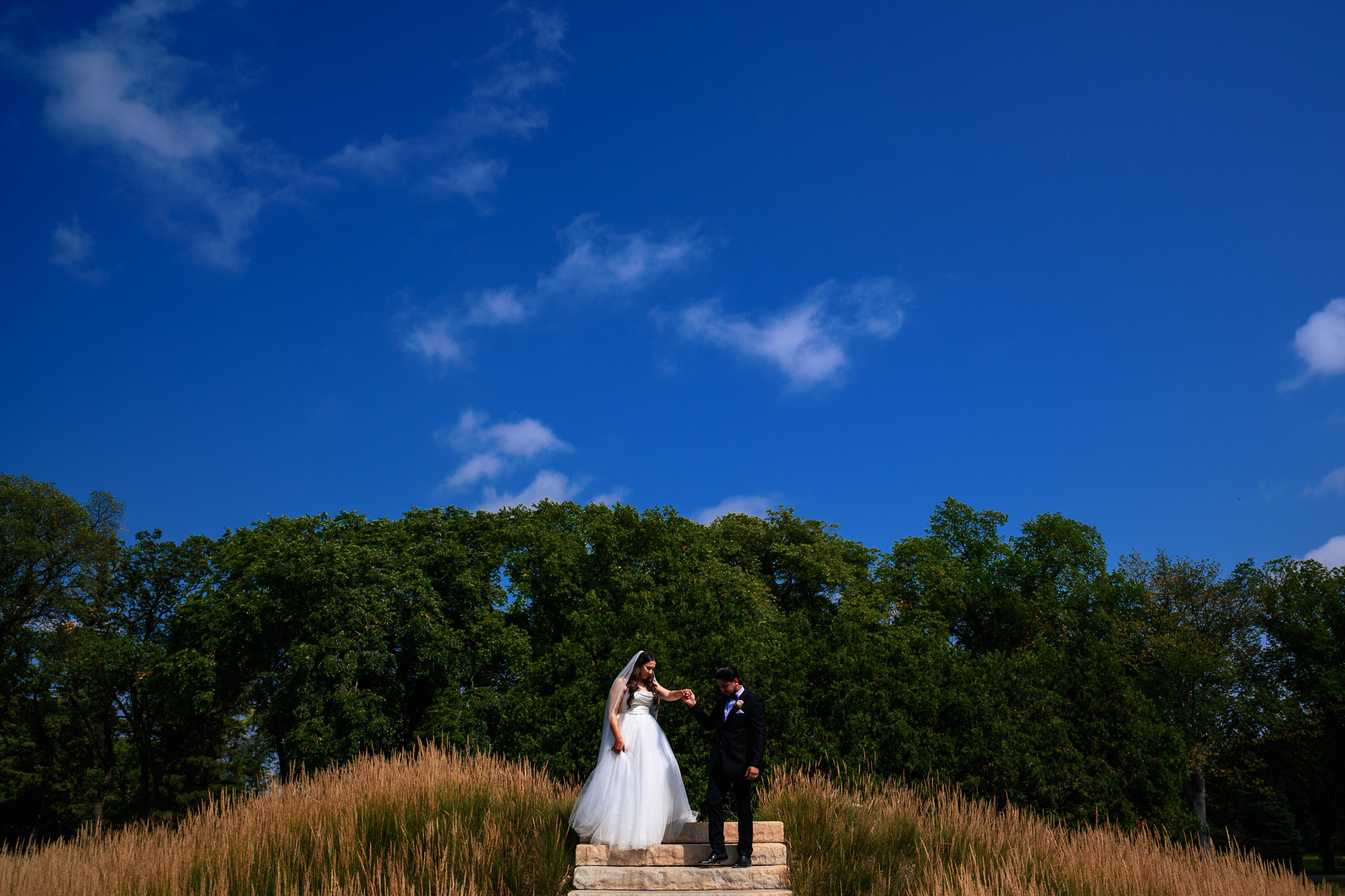 Bride and groom stand on stone steps under a clear blue sky, surrounded by green trees.