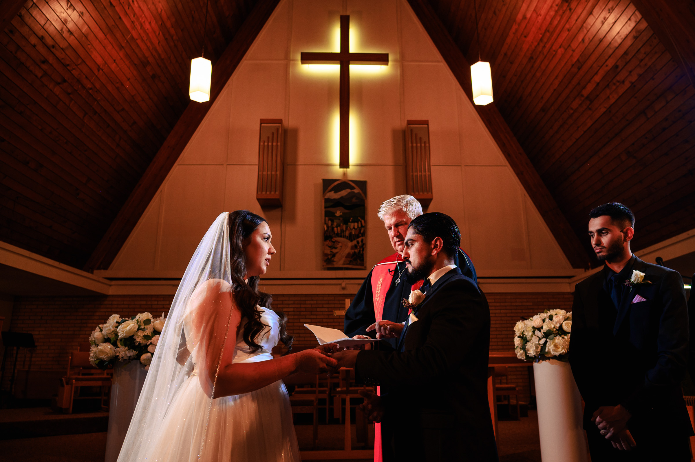 a bride and groom in a church