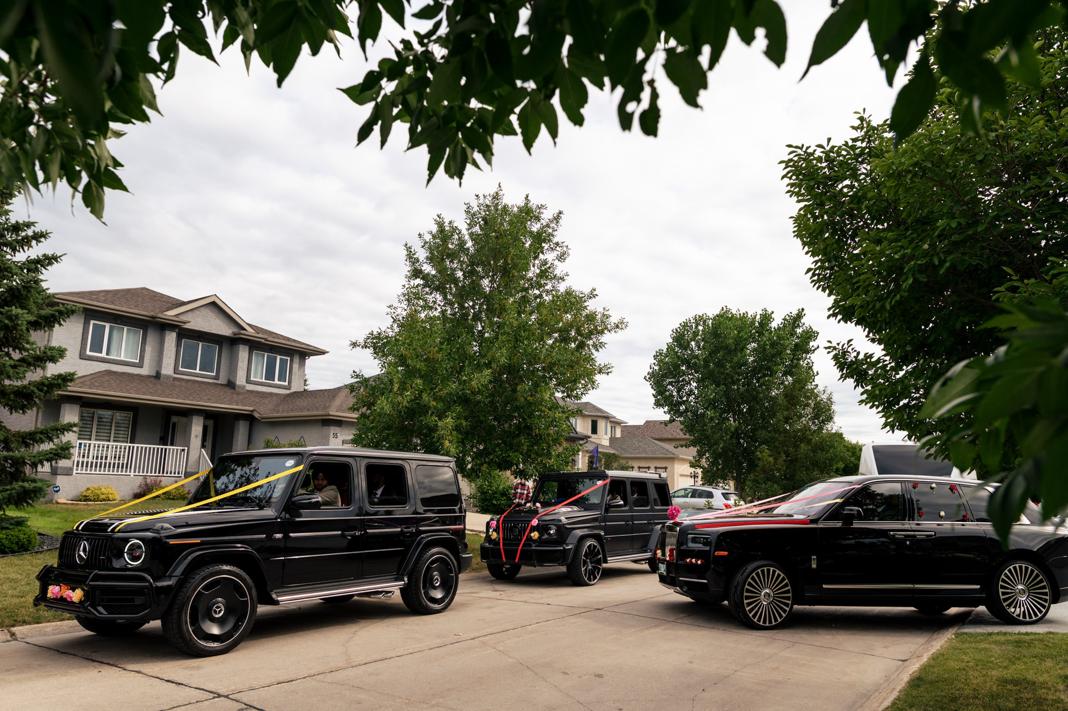 Three black cars with decorative ribbons on a leafy street, perfect for a Winnipeg wedding.