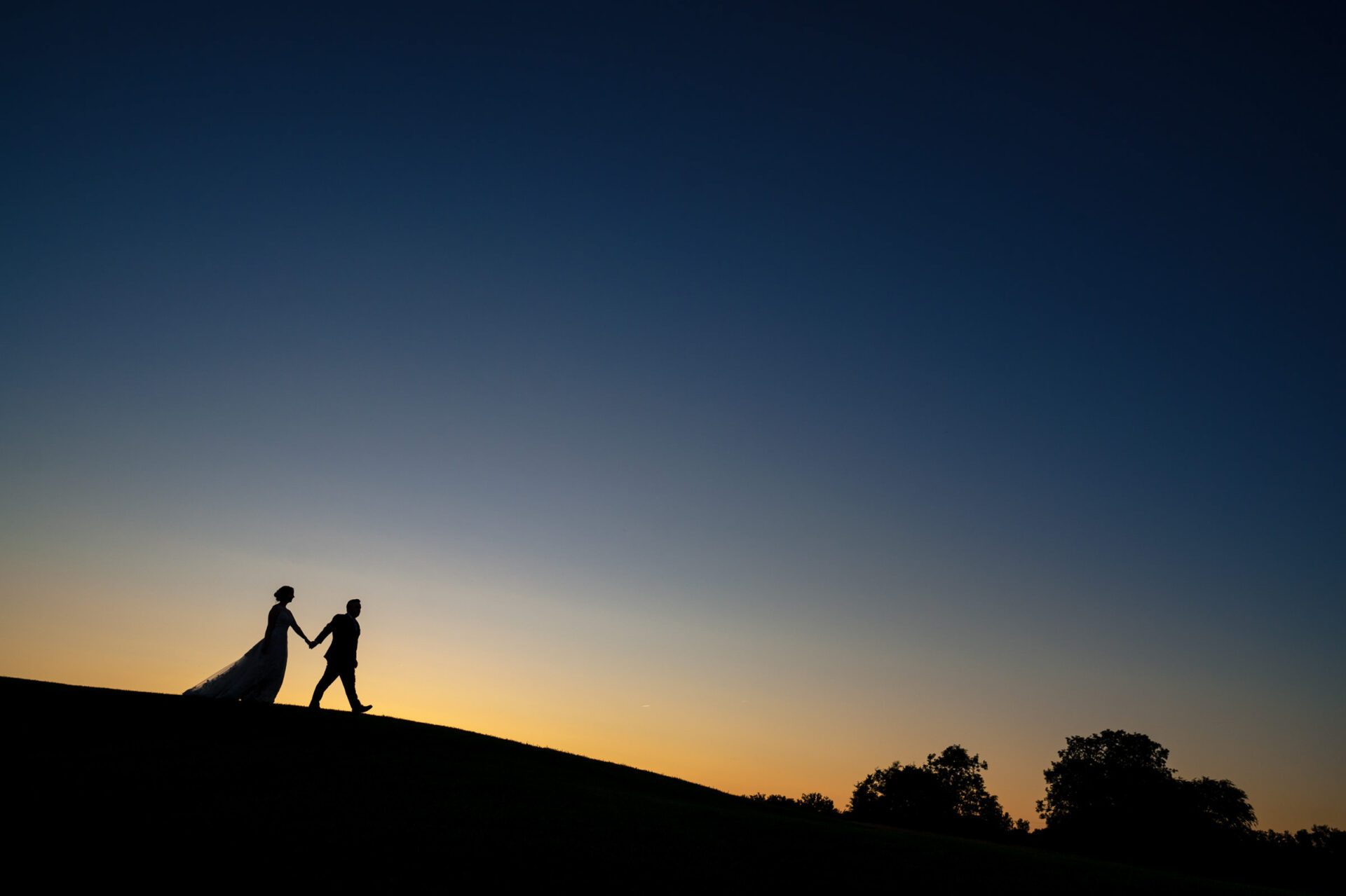 Best Winnipeg wedding photos: silhouetted couple holding hands on a hill at sunset.