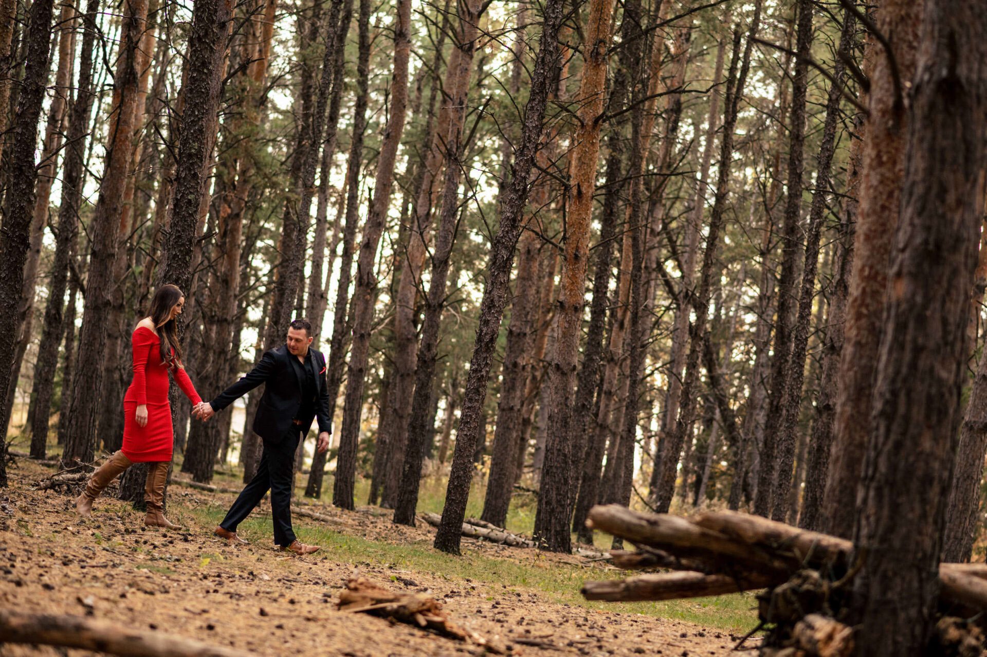 Couple holding hands, walking through a forest of tall trees; Winnipeg's best wedding photos.